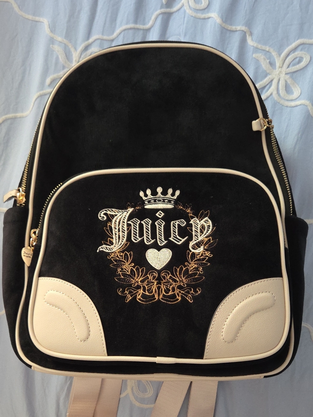 Juicy Couture Black Velvet Backpack with Cream Trim